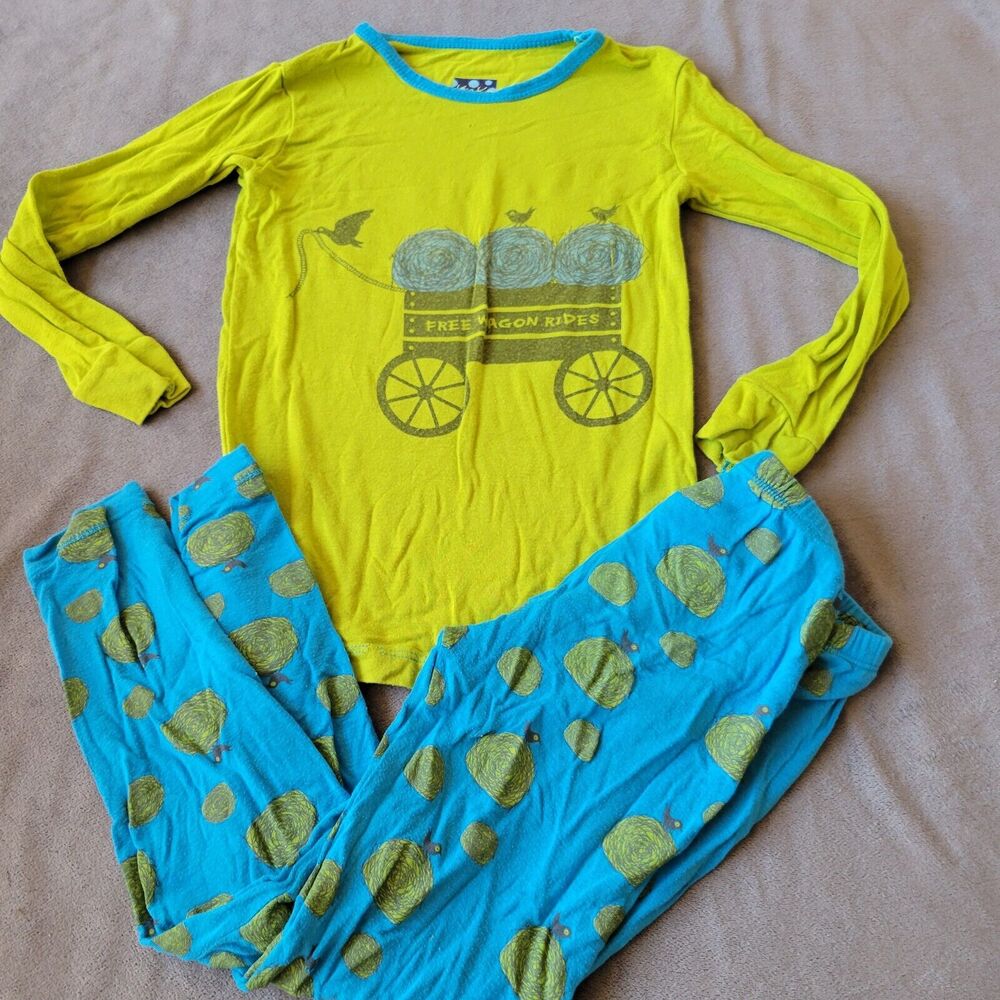 KicKee Outfit Boys 5 Set Blue Green‎ Pants Shirt Bamboo Hay Free Wagon Ride Bird
